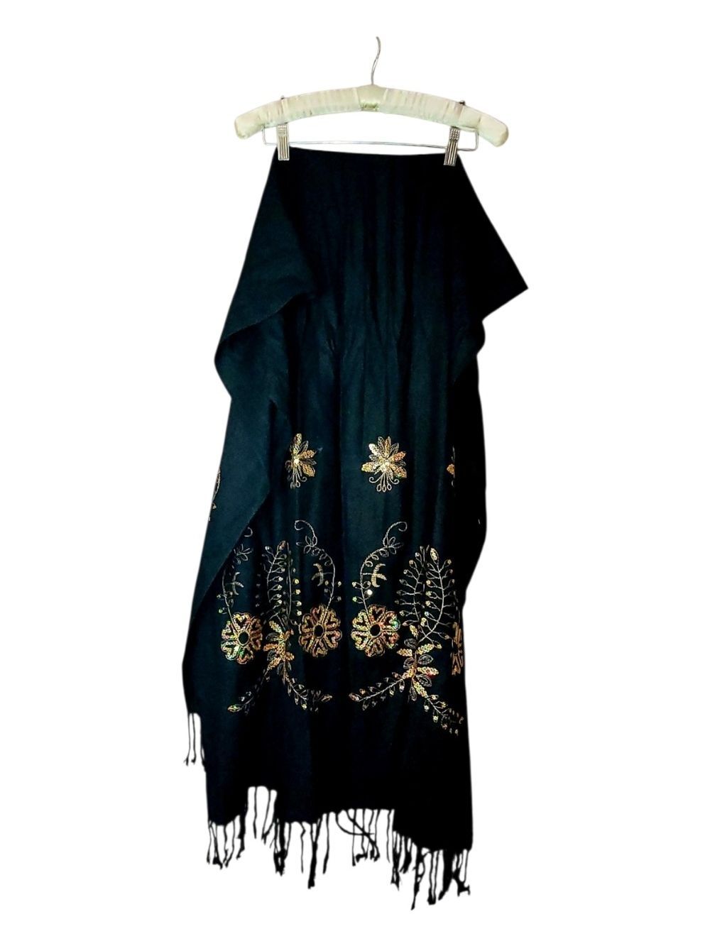 Ornate Black Scarf Or Wrap Gold Sequin Design Exquisite Festival